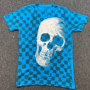 Anchor Blue Skull TShirt Sz S Mens Blue Grunge Skater Checkered Graphic Tee